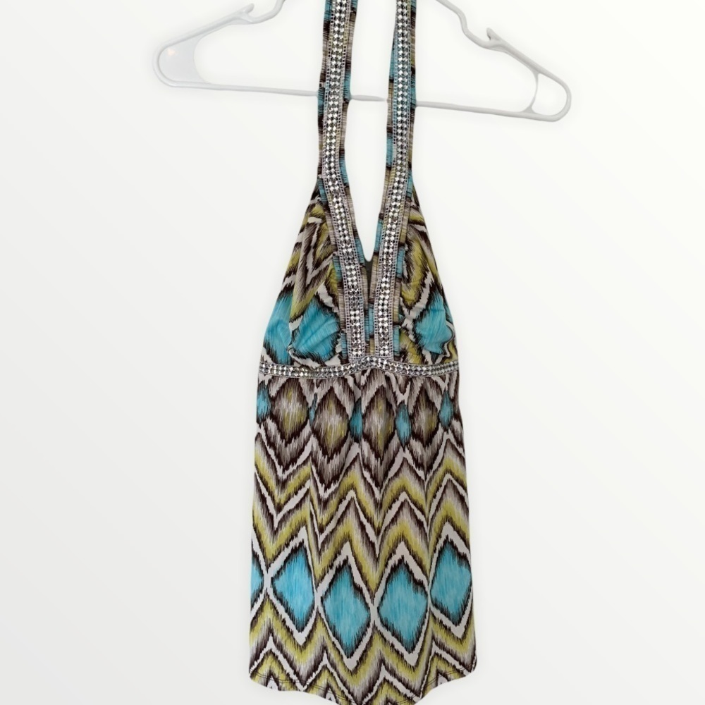 International Concepts Blue/Green Rhinestone Halter-Neck Blouse Size M